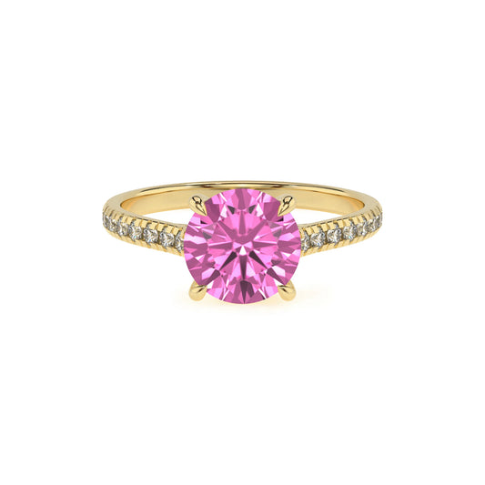 lab grown pink-sapphire round half eternity solitaire engagement rings in yellow gold 