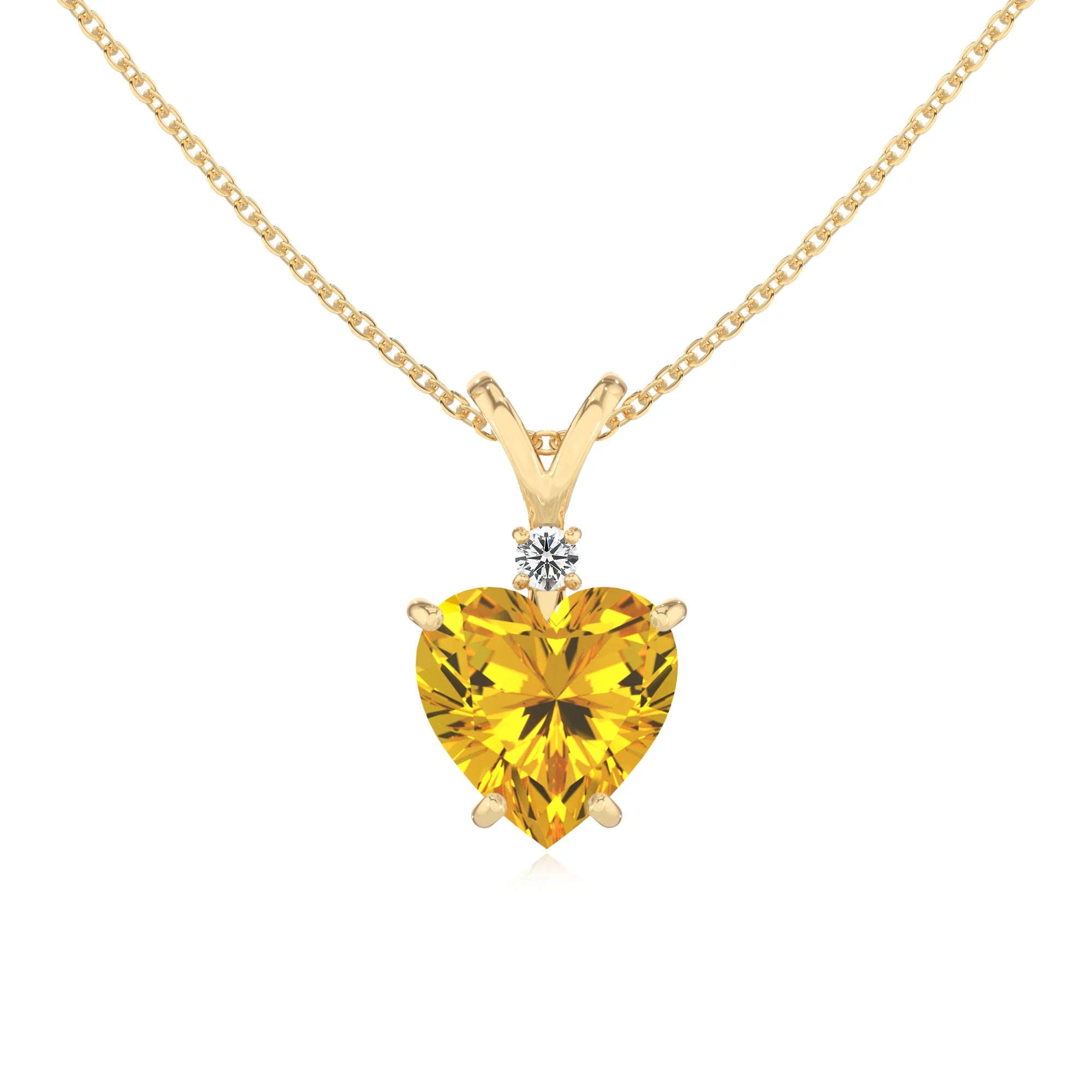 lab grown yellow-sapphire heart solitaire v-bale necklaces in yellow gold 