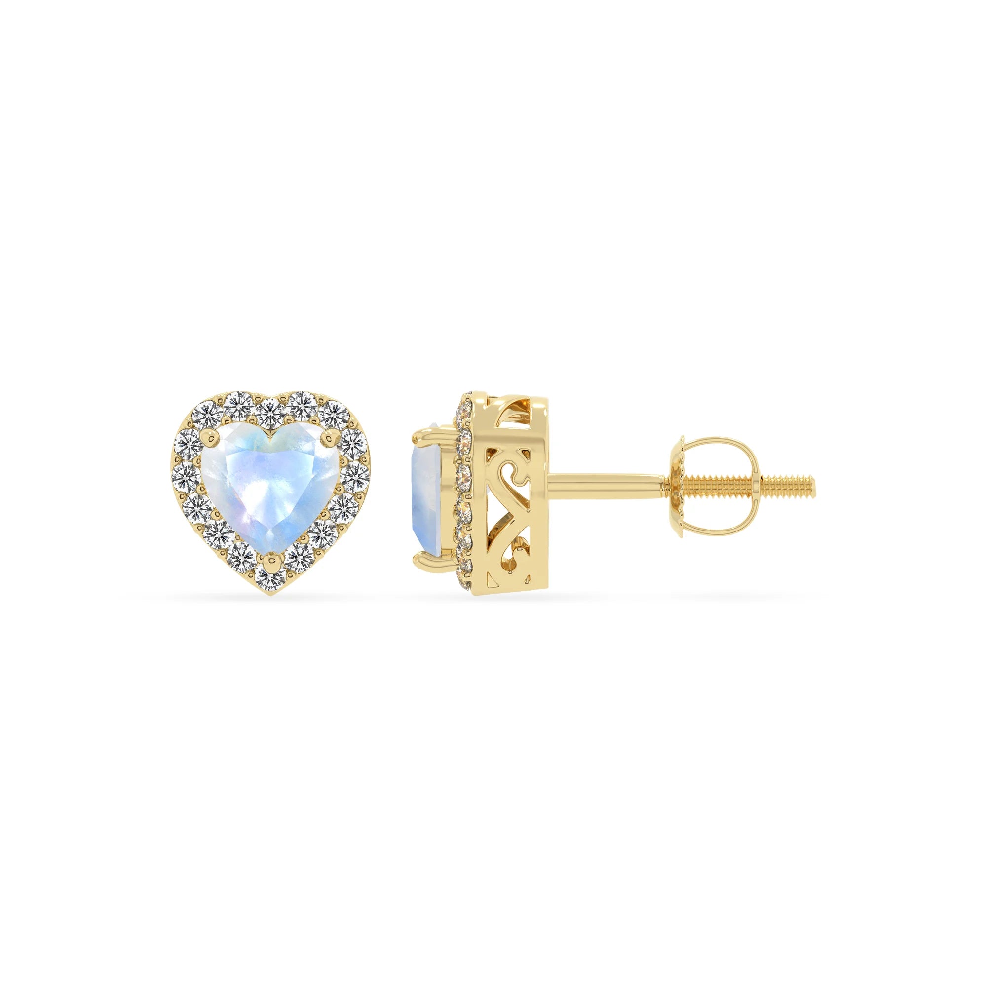 natural rainbow moonstone heart stud earrings in yellow gold 