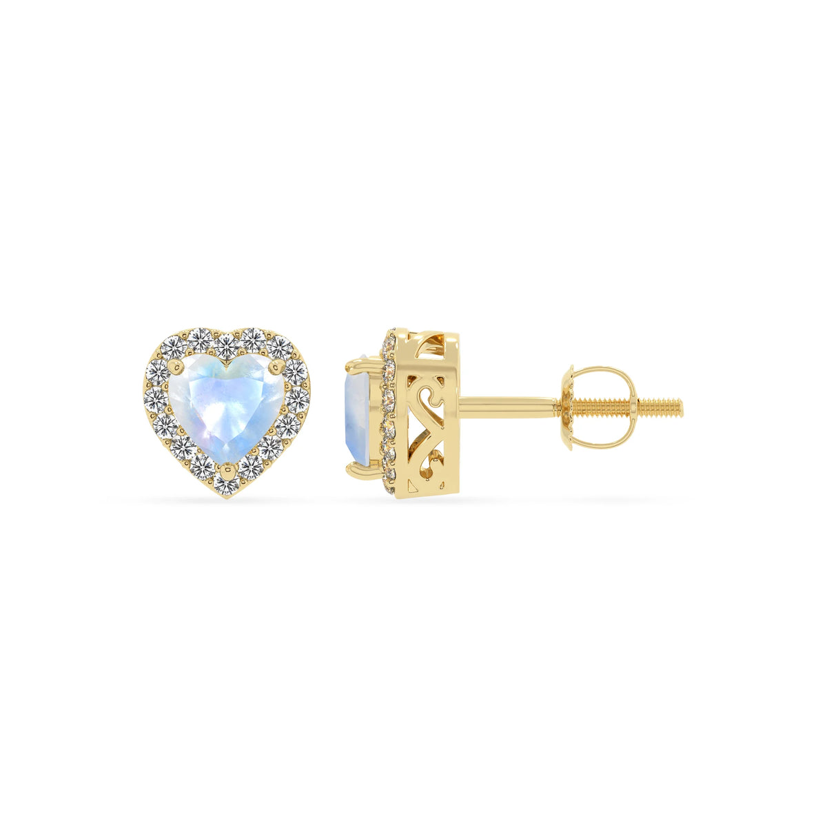 natural rainbow moonstone heart stud earrings in yellow gold 
