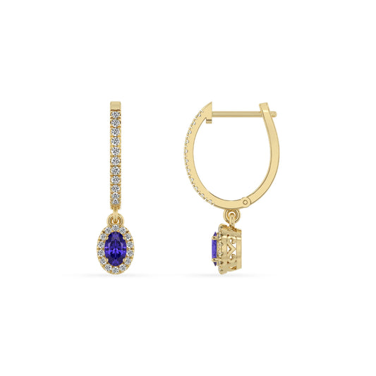 lab grown tanzanite oval drop earrings in yellow gold 