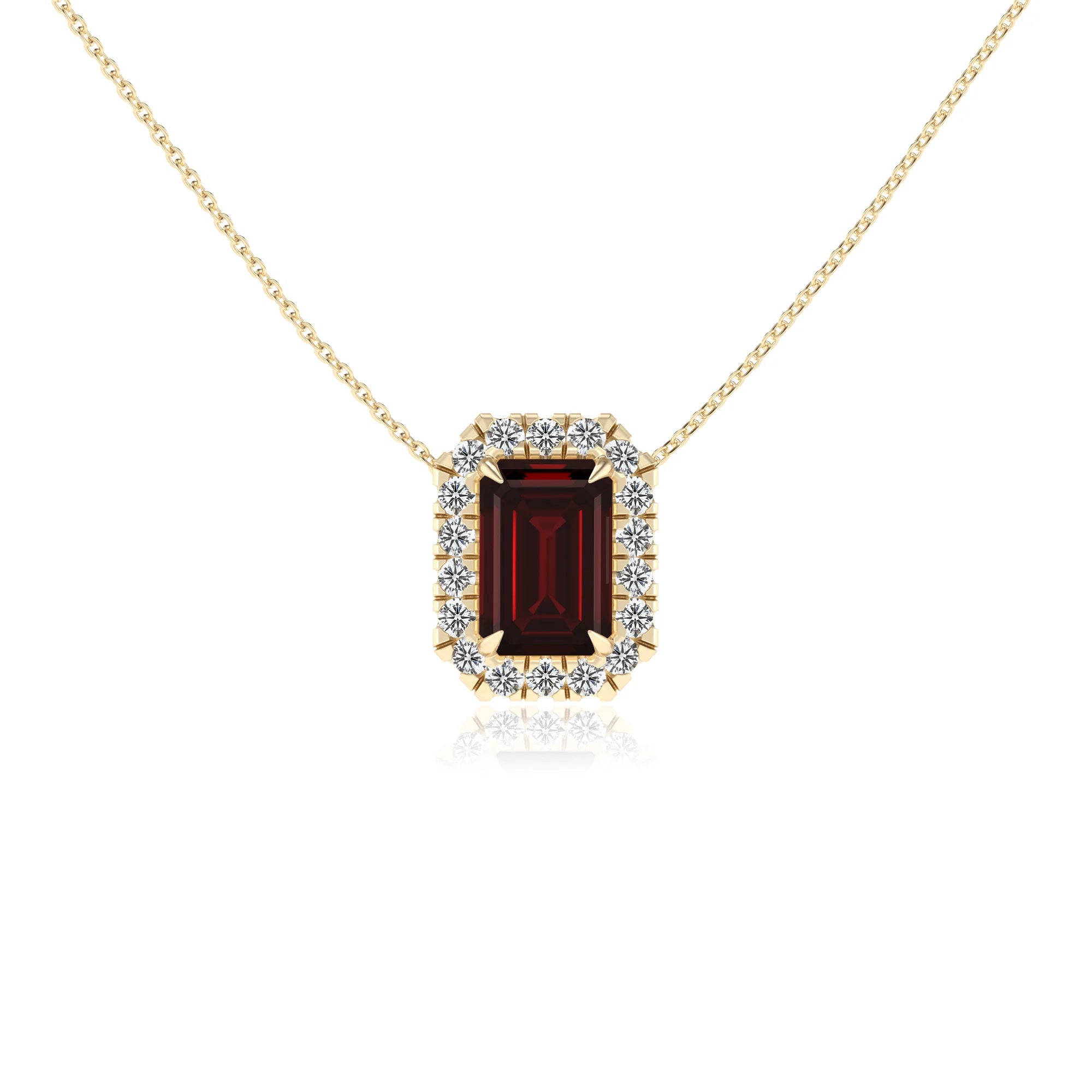 natural garnet emerald cut solitaire necklaces in yellow gold 