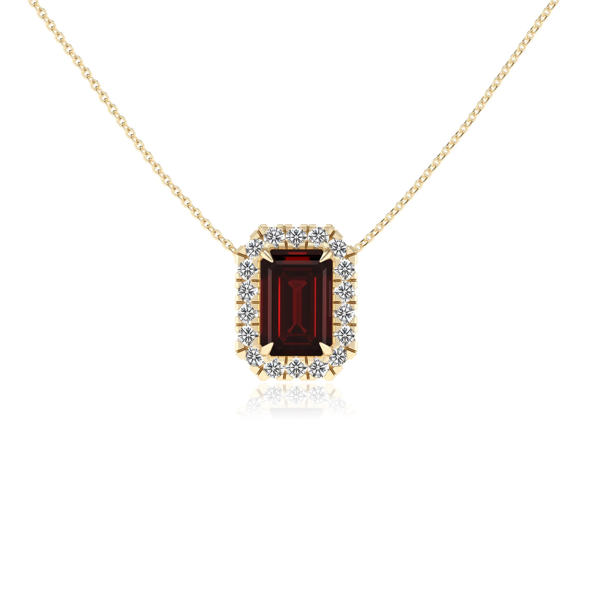 natural garnet emerald cut solitaire necklaces in yellow gold 