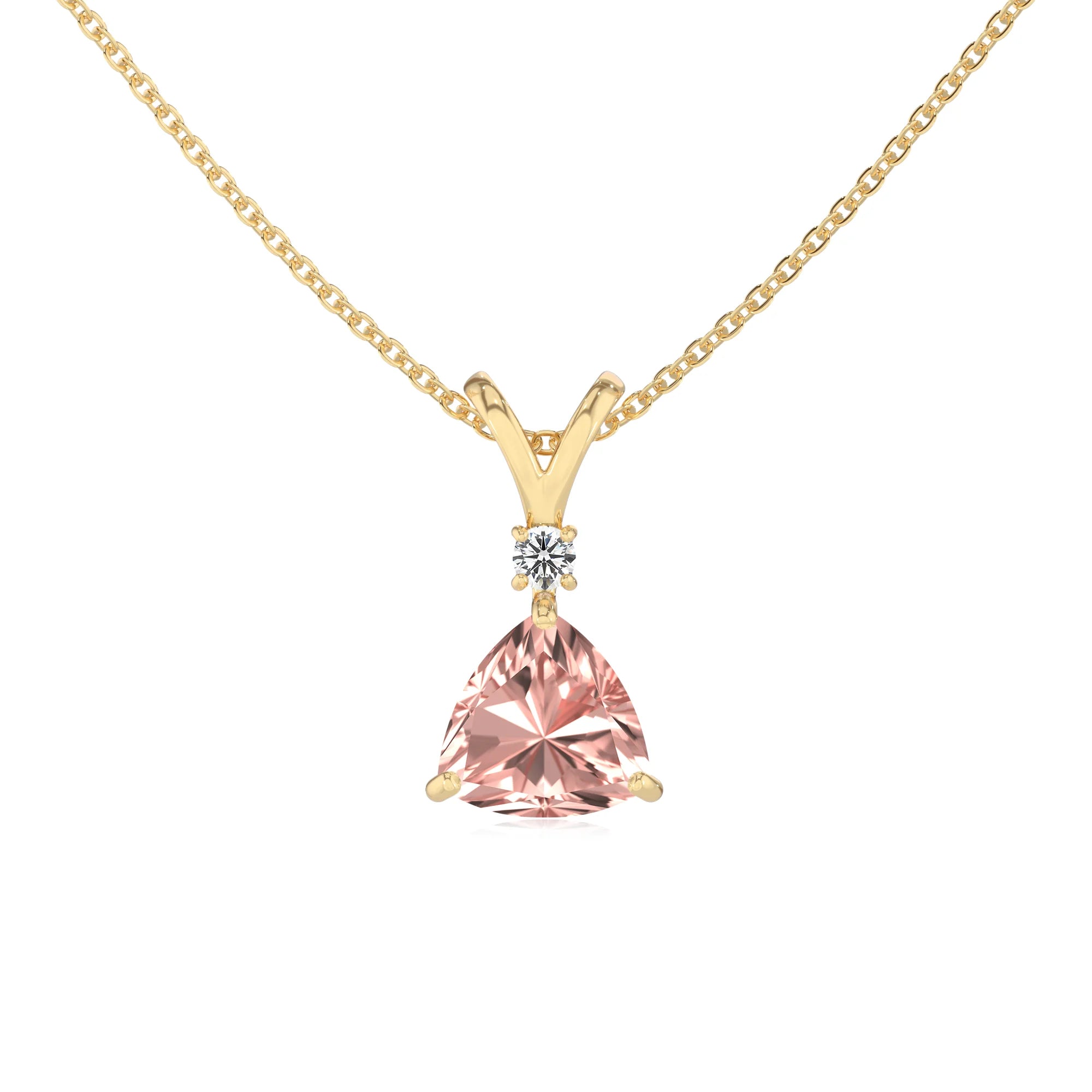 lab grown morganite trillion solitaire v-bale necklaces in yellow gold 