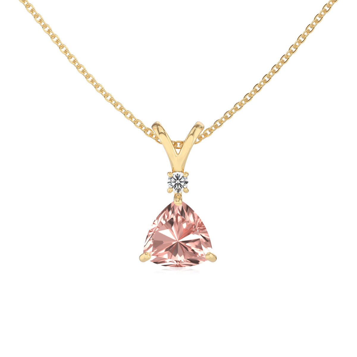 lab grown morganite trillion solitaire v-bale necklaces in yellow gold 