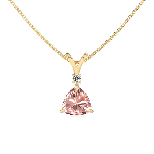 lab grown morganite trillion solitaire v-bale necklaces in yellow gold 