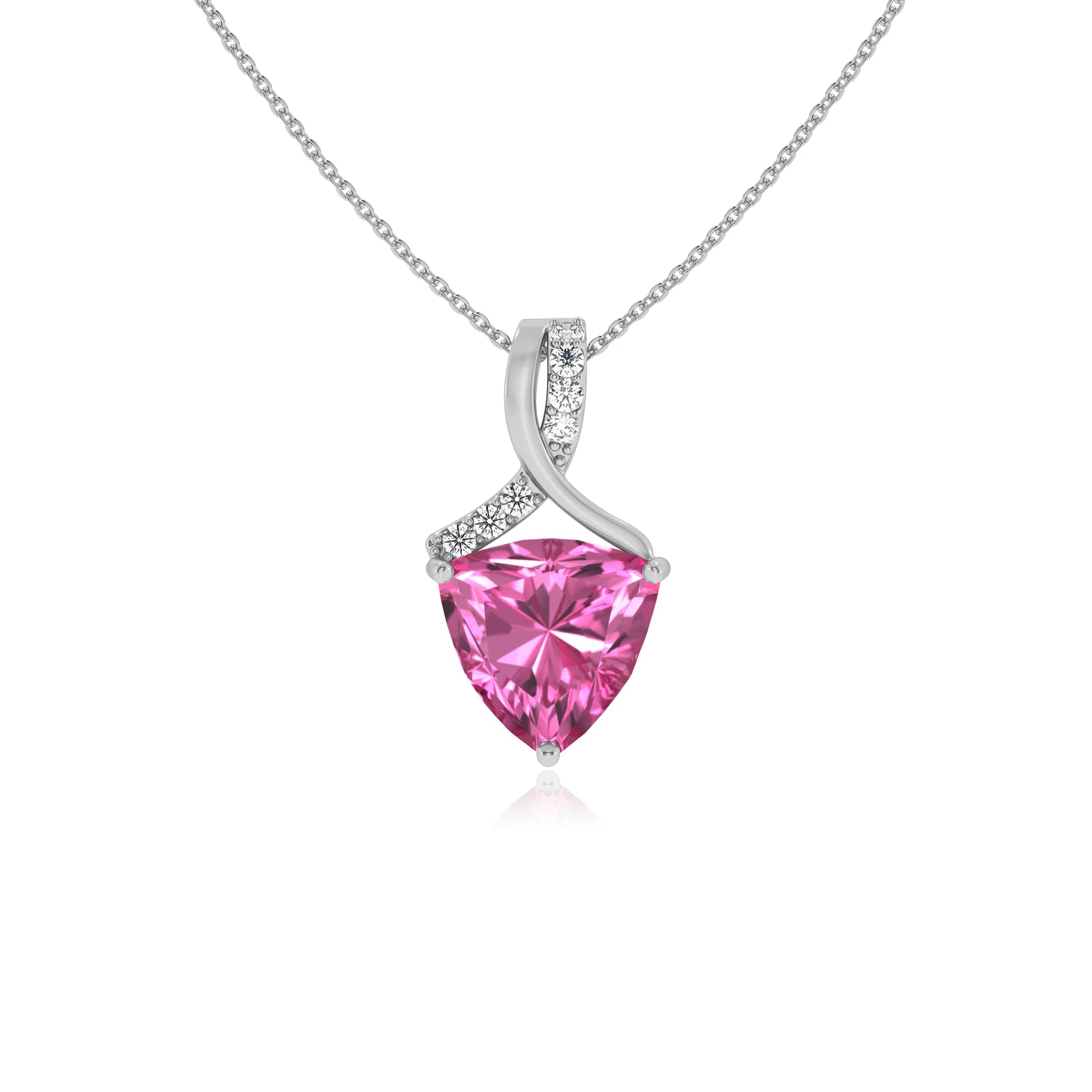 lab grown pink-sapphire trillion solitaire necklaces in white gold 