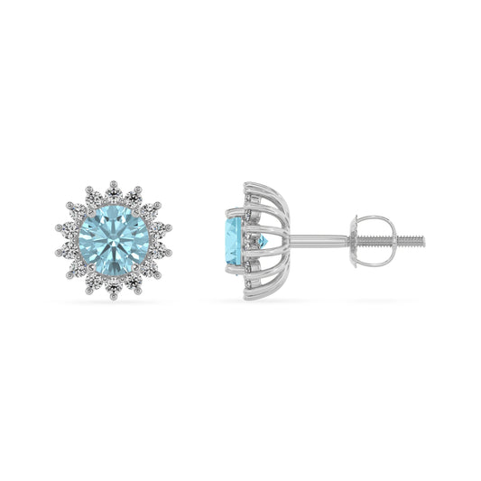 lab grown aquamarine round stud earrings in white gold 