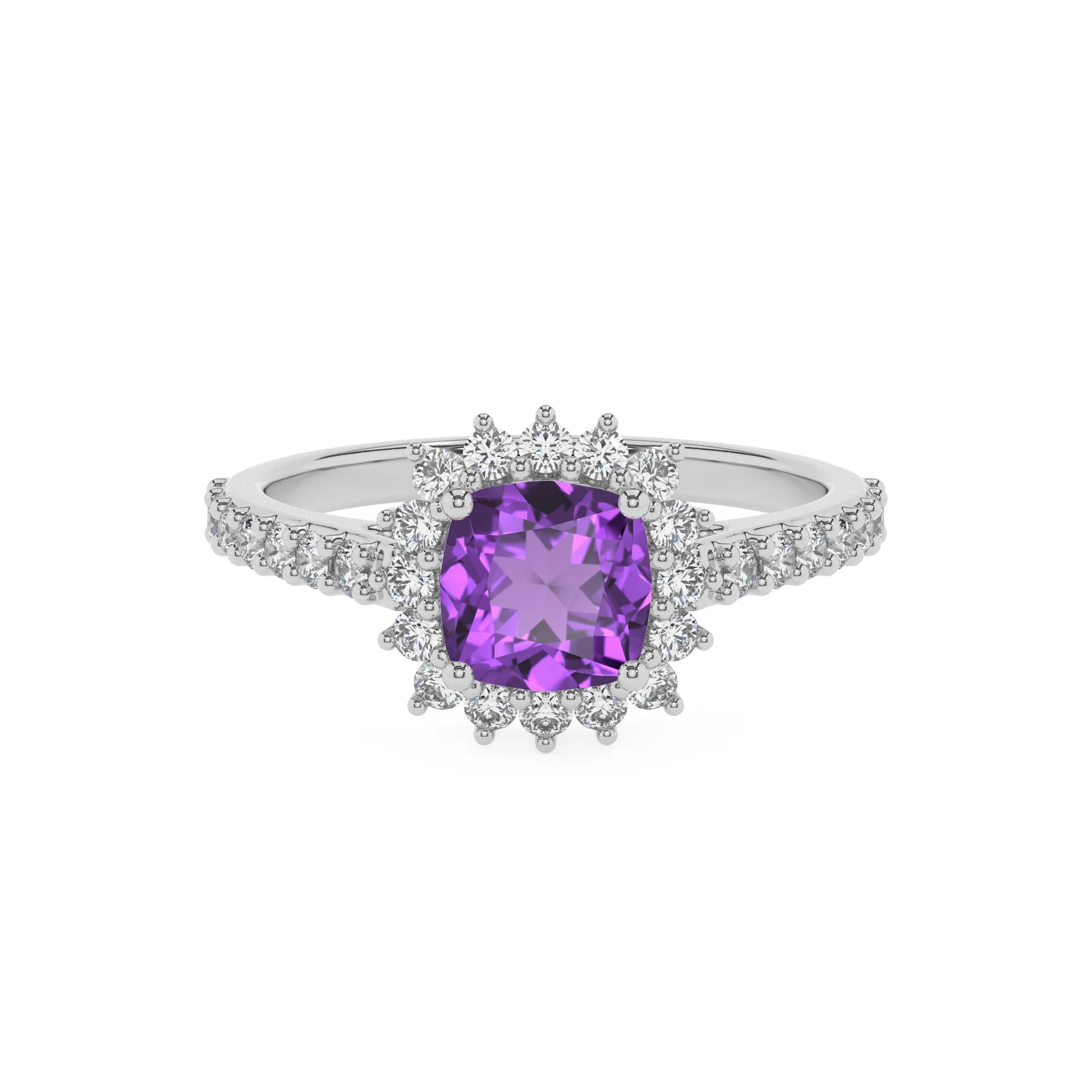 lab grown amethyst cushion solitaire rings in platinum 