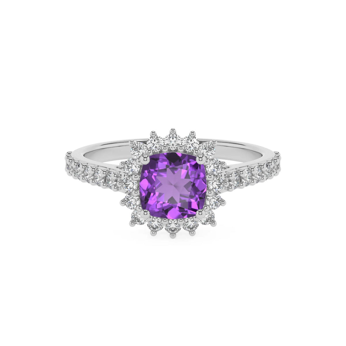 lab grown amethyst cushion solitaire rings in platinum 