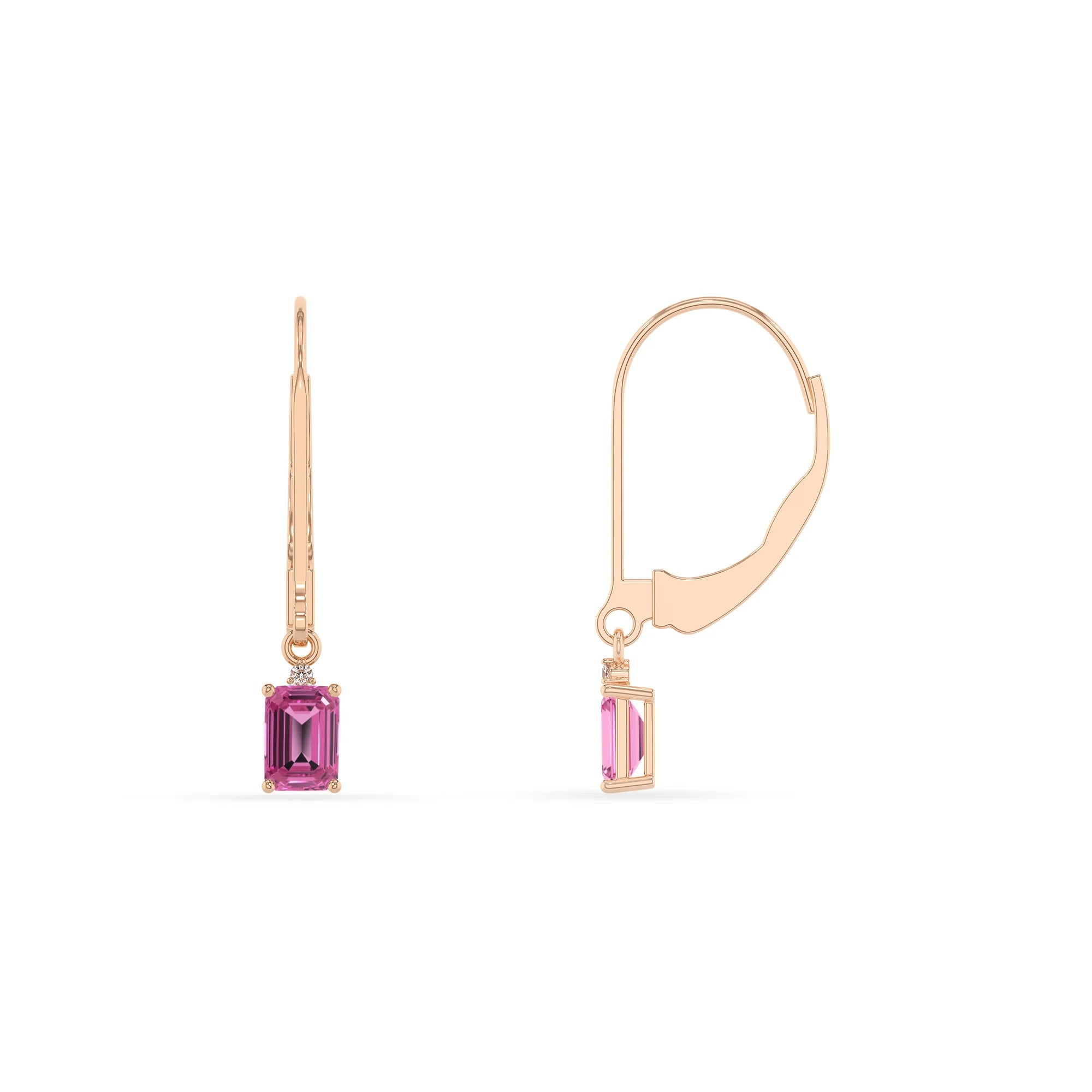 lab grown pink sapphire emerald cut drop earrings in rose gold 
