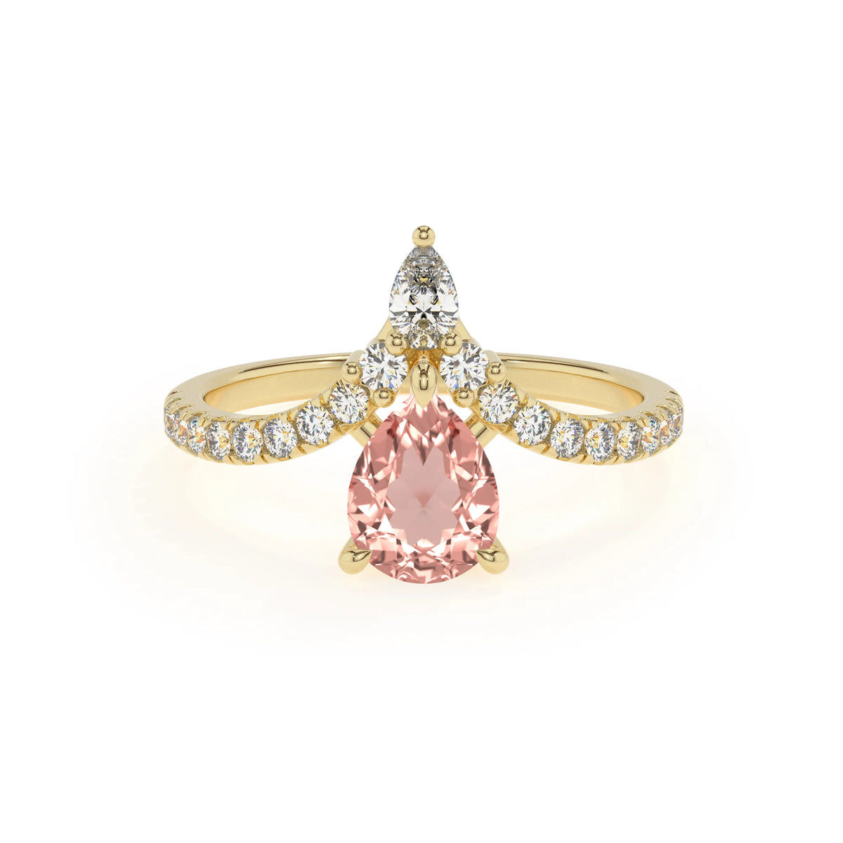 lab grown morganite pear solitaire rings in yellow gold 