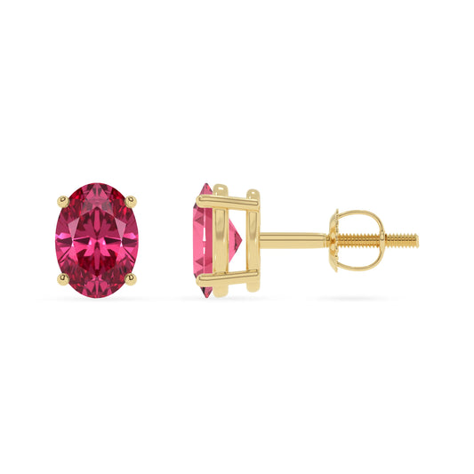 lab grown pink tourmaline oval stud earrings in yellow gold 