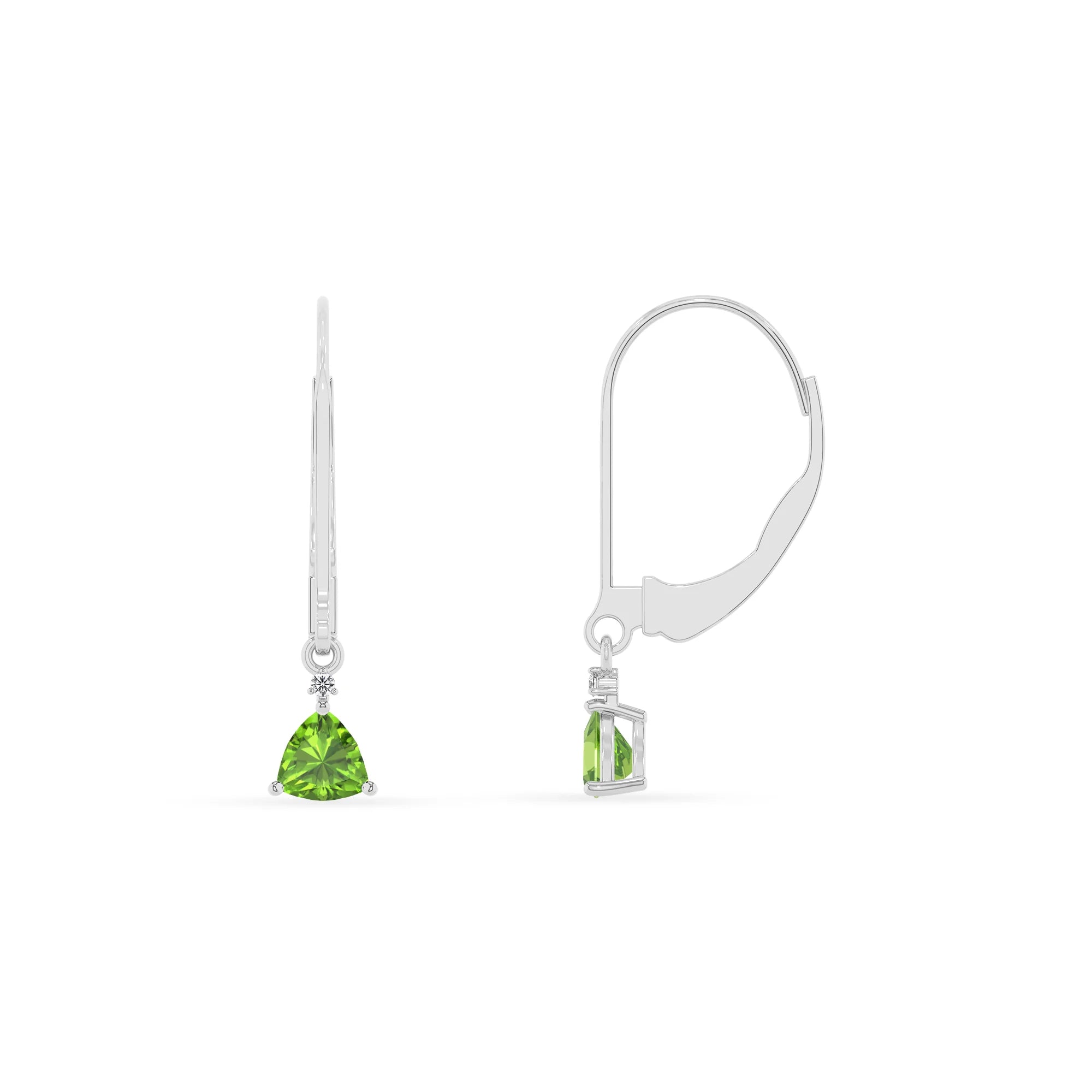 natural peridot trillion drop earrings in white gold 