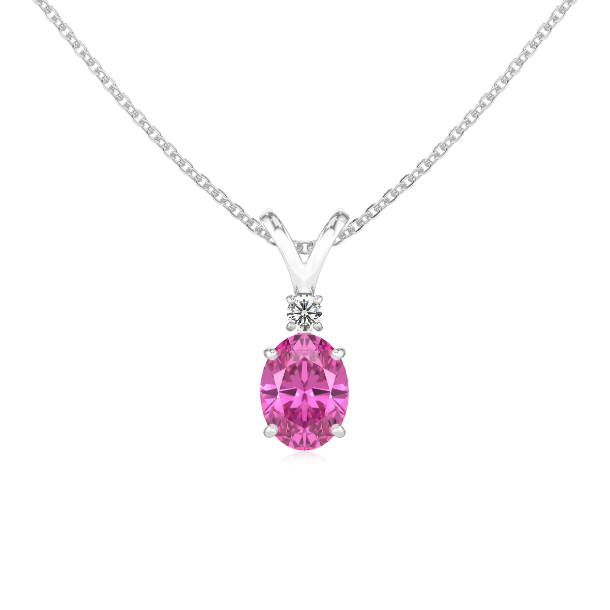 lab grown pink-sapphire oval solitaire v-bale necklaces in sterling silver 
