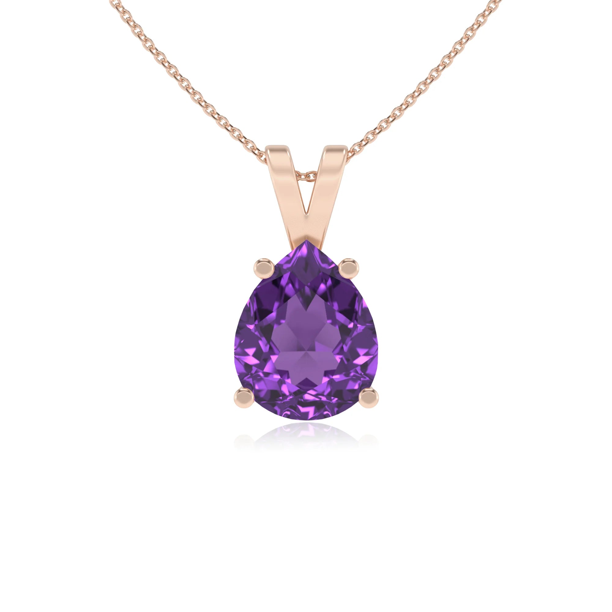 lab grown amethyst pear solitaire v-bale necklaces in rose gold 