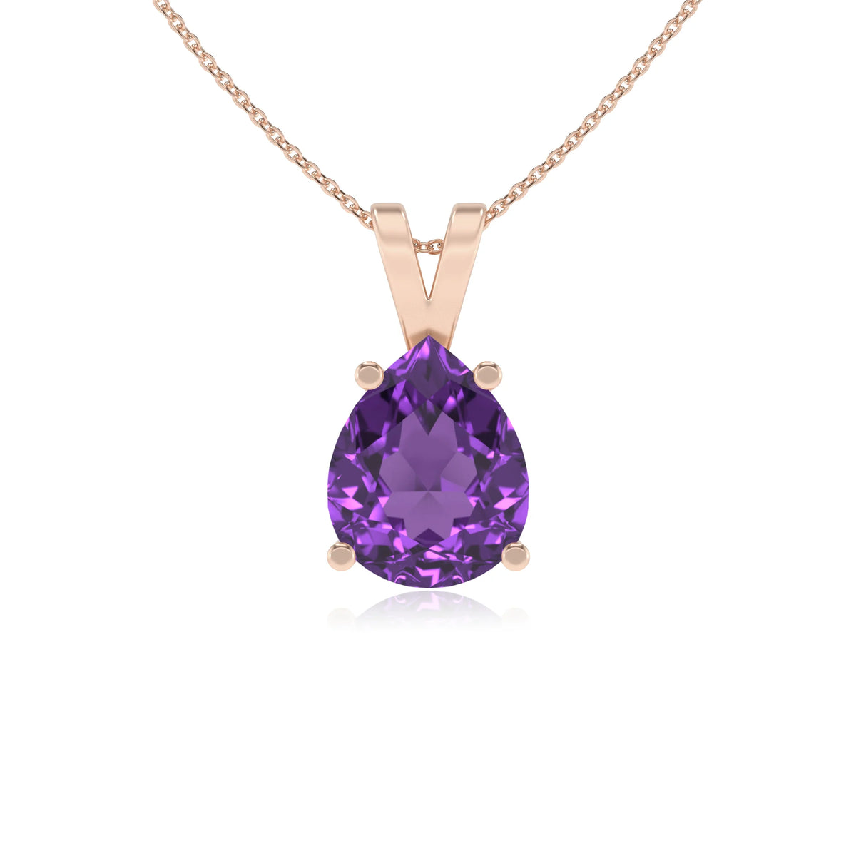 lab grown amethyst pear solitaire v-bale necklaces in rose gold 