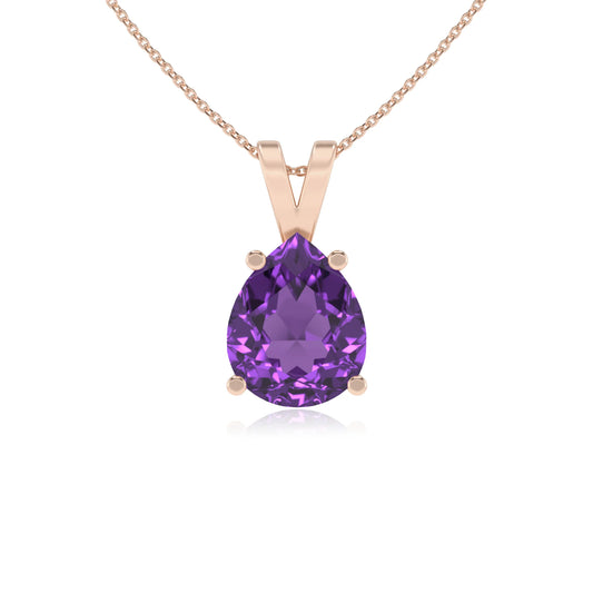 lab grown amethyst pear solitaire v-bale necklaces in rose gold 