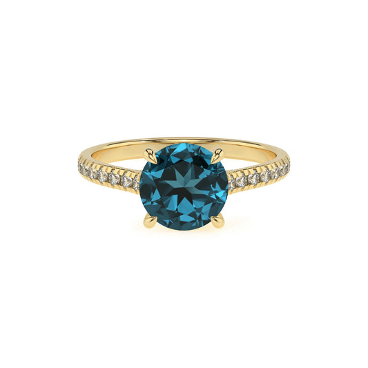 natural london-blue-topaz round half eternity solitaire engagement rings in yellow gold 