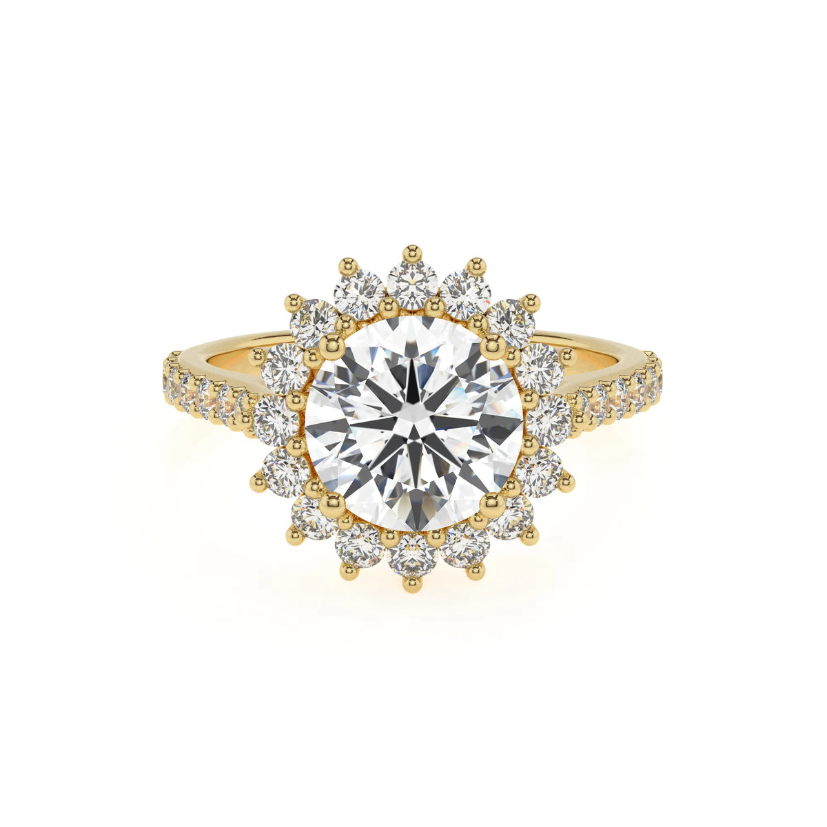 lab grown moissanite round solitaire rings in yellow gold 