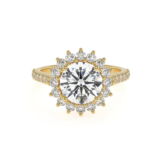 lab grown moissanite round solitaire rings in yellow gold 