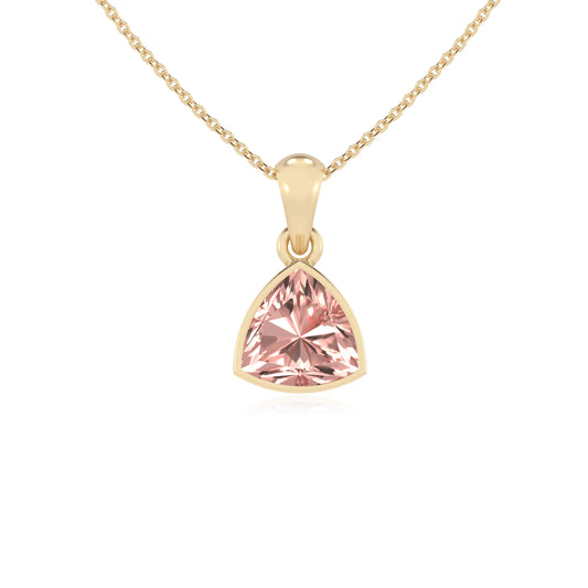 lab grown morganite trillion solitaire necklaces in yellow gold 