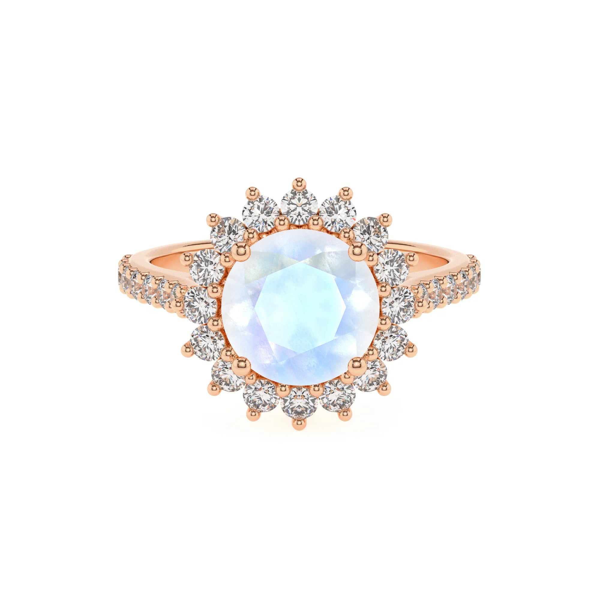 natural rainbow-moonstone round solitaire rings in rose gold 