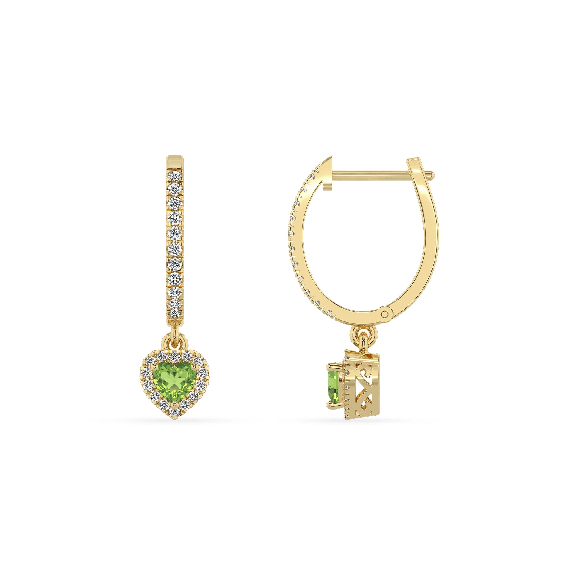 natural peridot heart drop earrings in yellow gold 