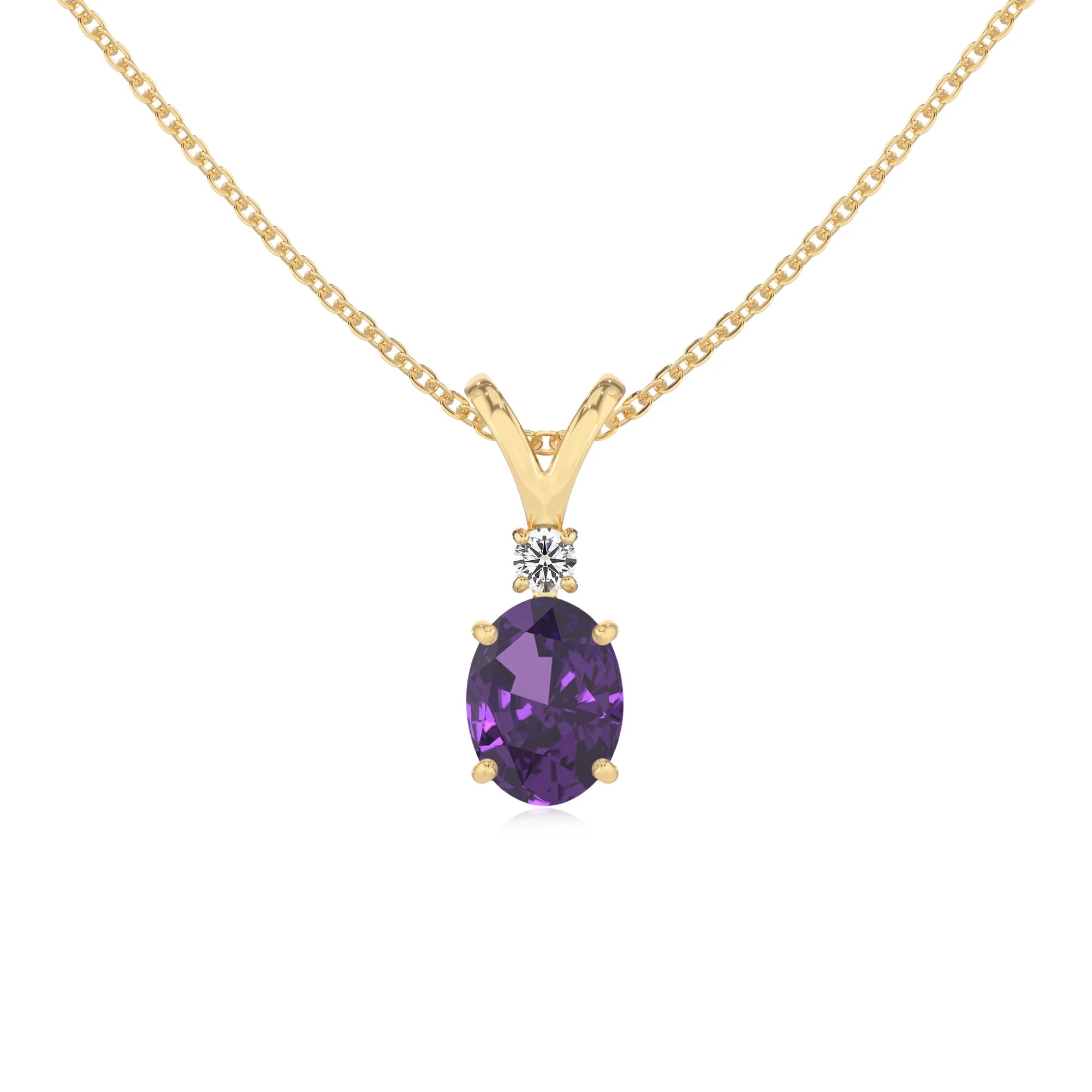 lab grown amethyst oval solitaire v-bale necklaces in yellow gold 