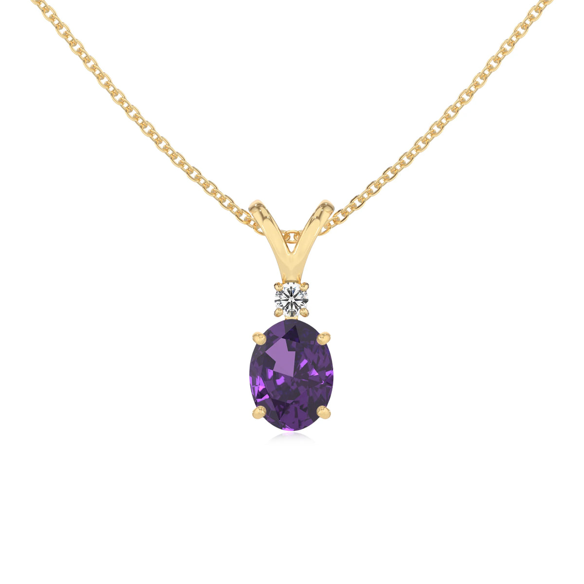 lab grown amethyst oval solitaire v-bale necklaces in yellow gold 