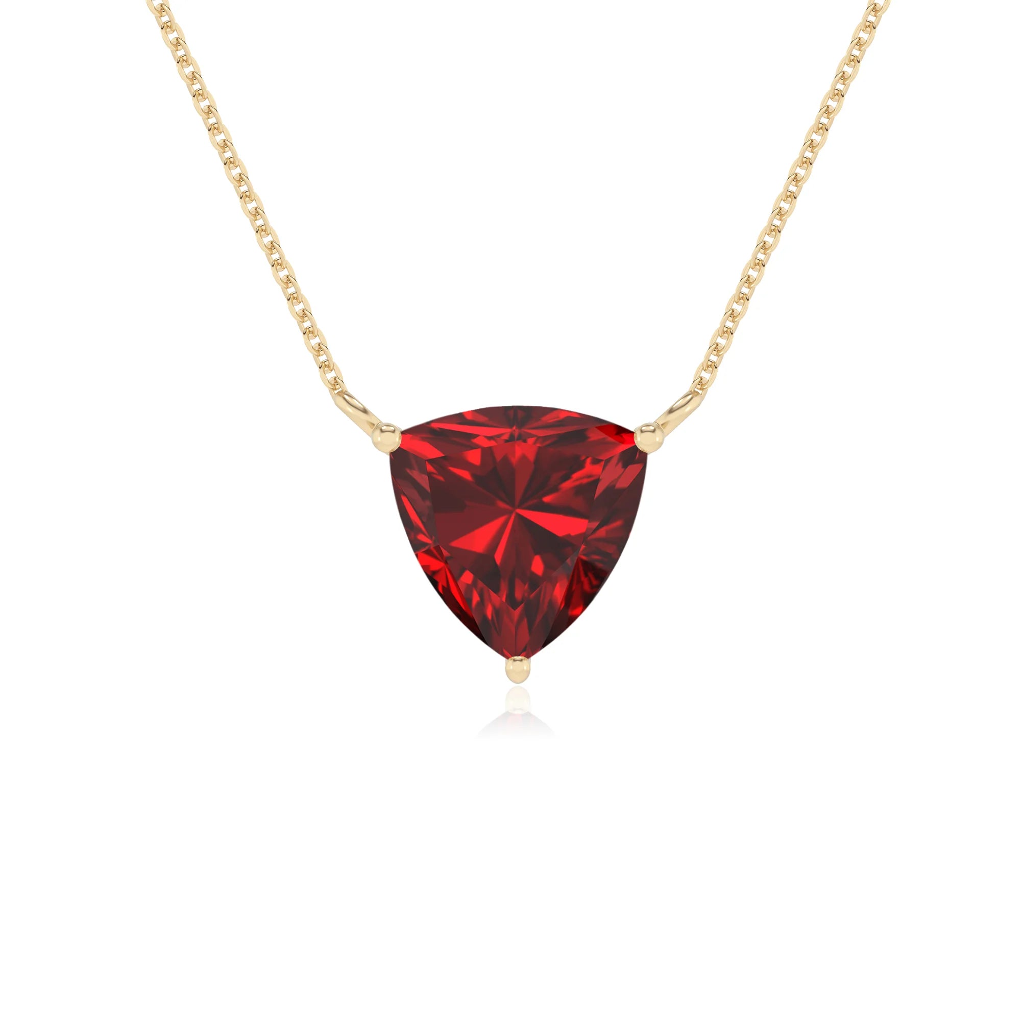 lab grown ruby trillion solitaire necklaces in yellow gold 