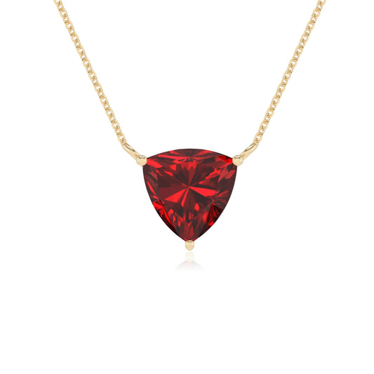 lab grown ruby trillion solitaire necklaces in yellow gold 