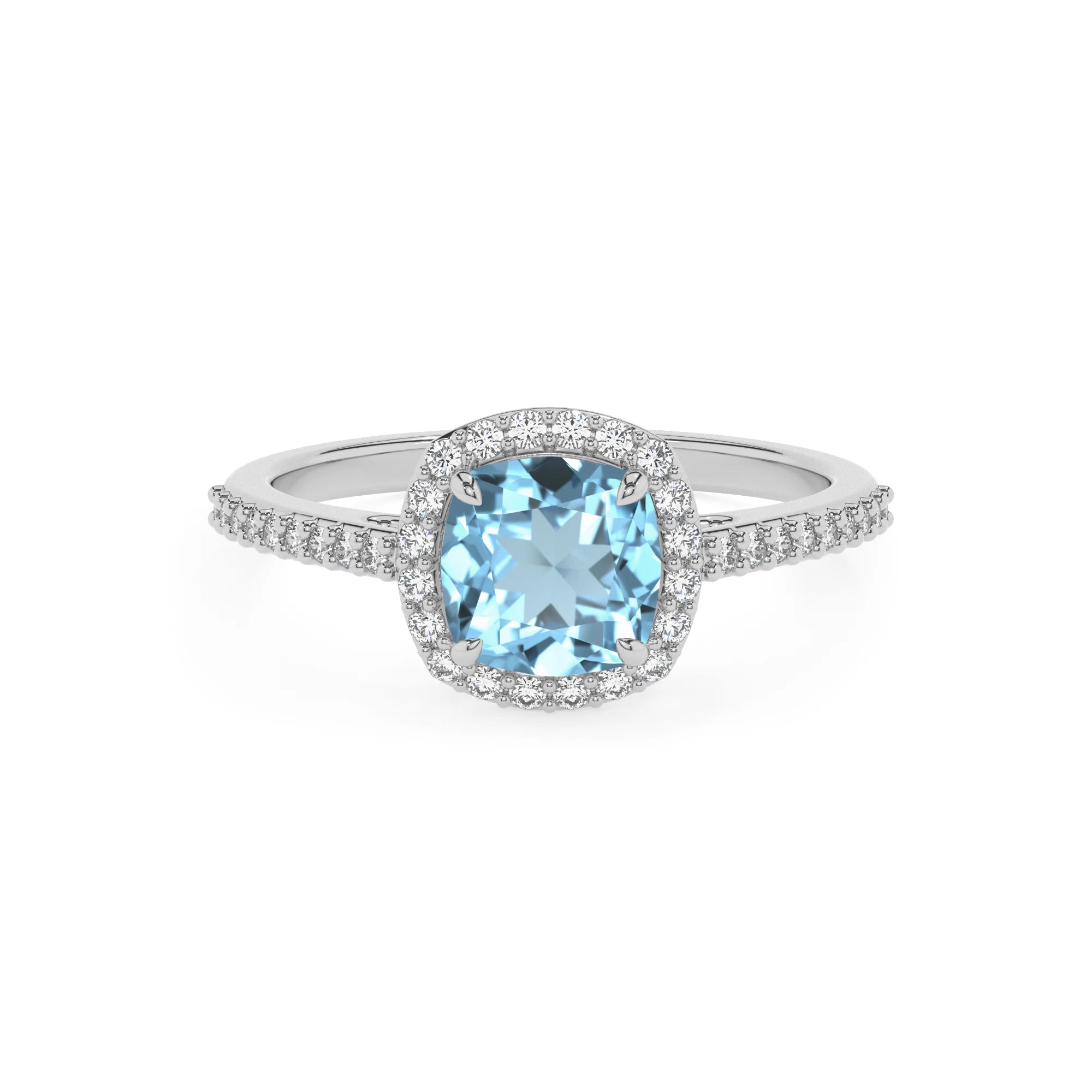 lab grown aquamarine cushion solitaire rings in platinum 