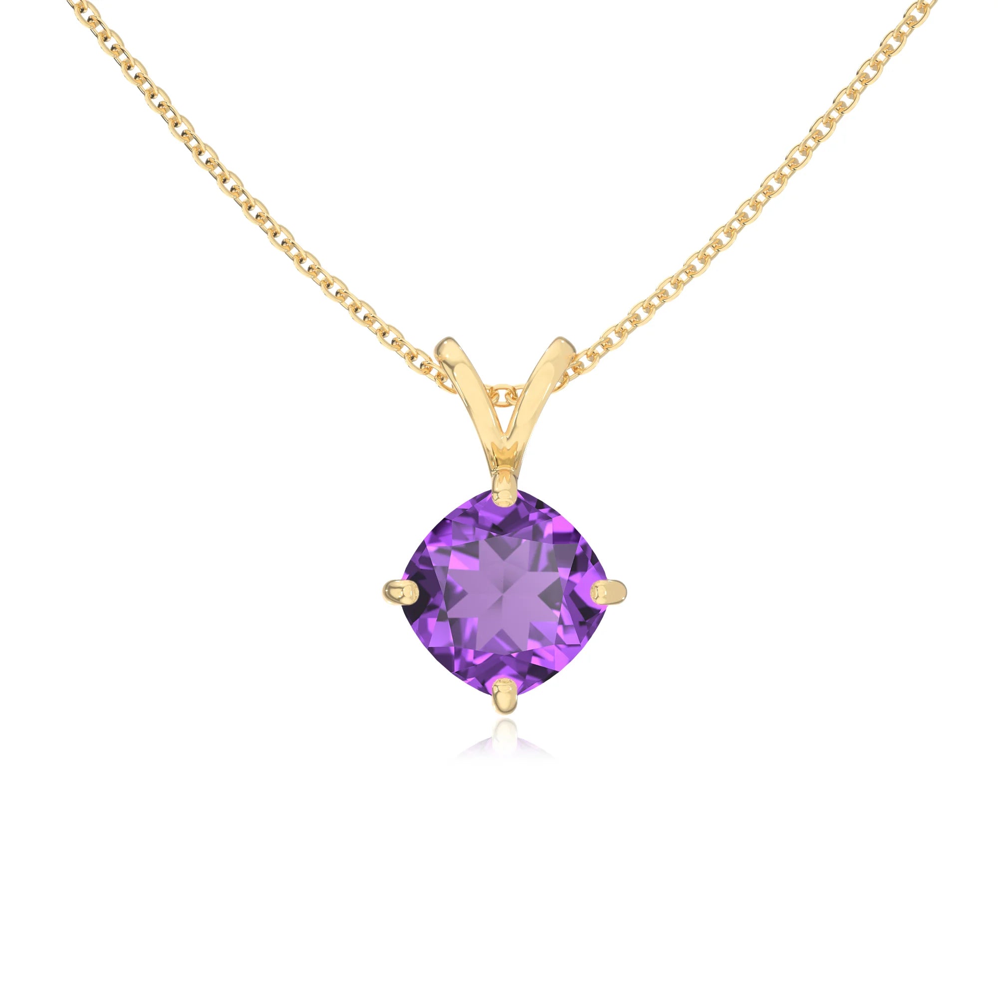 lab grown amethyst cushion solitaire v-bale necklaces in yellow gold 