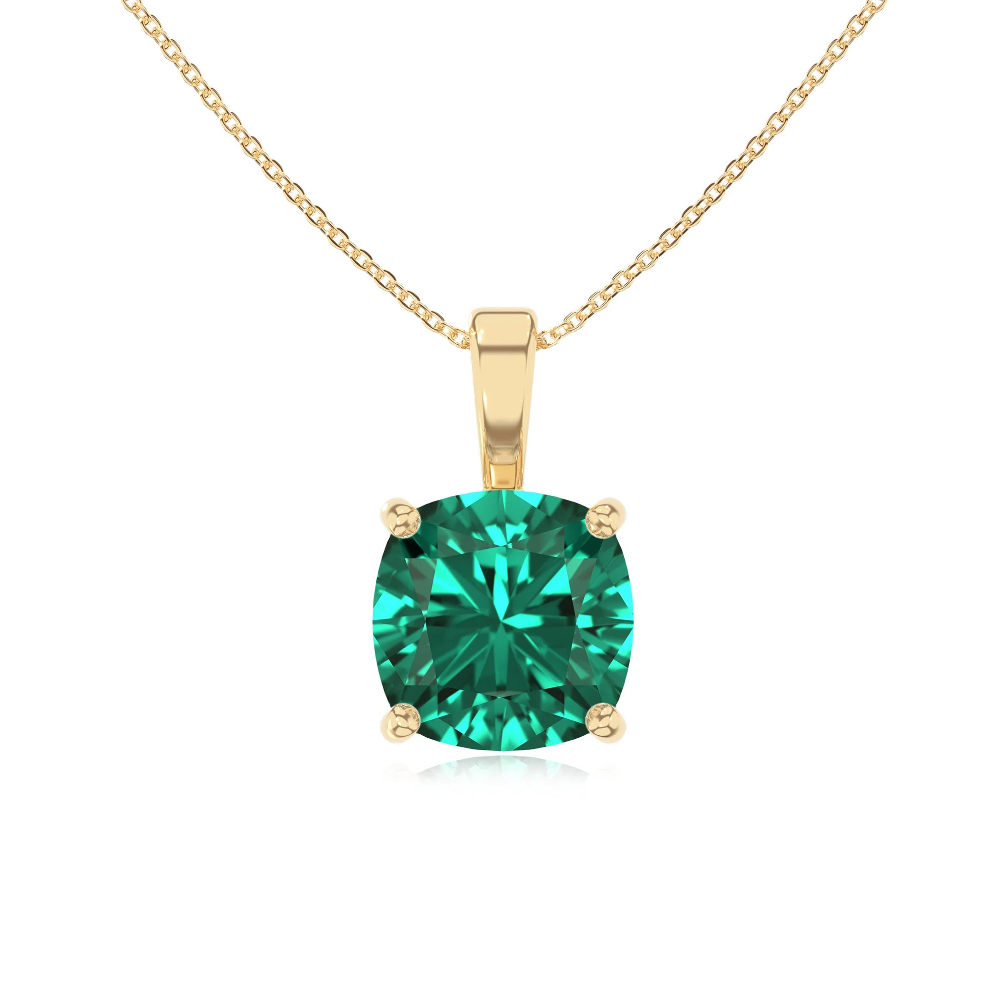 lab grown emerald cushion solitaire necklaces in yellow gold 