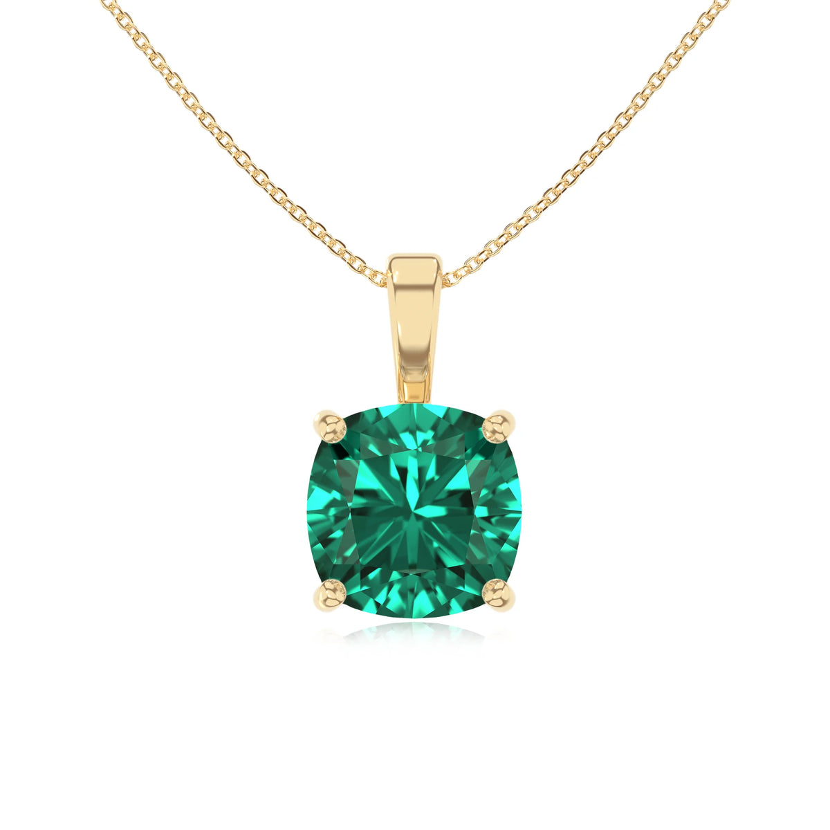 lab grown emerald cushion solitaire necklaces in yellow gold 