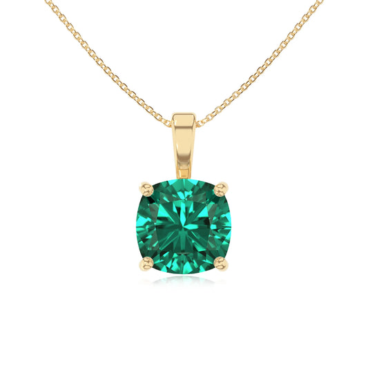 lab grown emerald cushion solitaire necklaces in yellow gold 