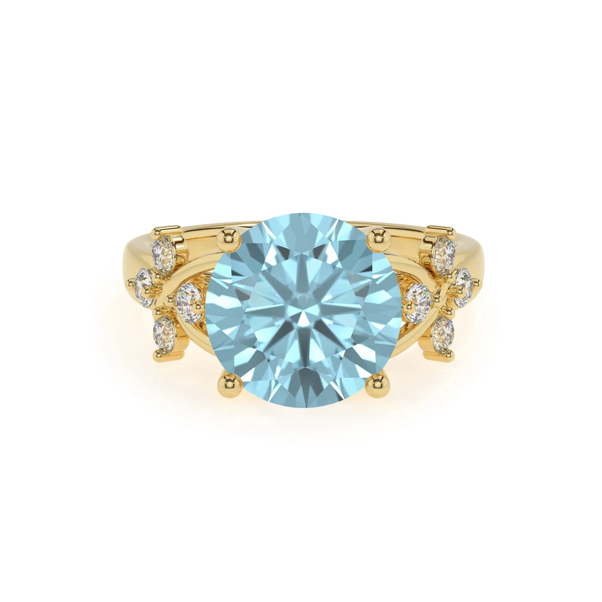 lab grown aquamarine round solitaire rings in yellow gold 