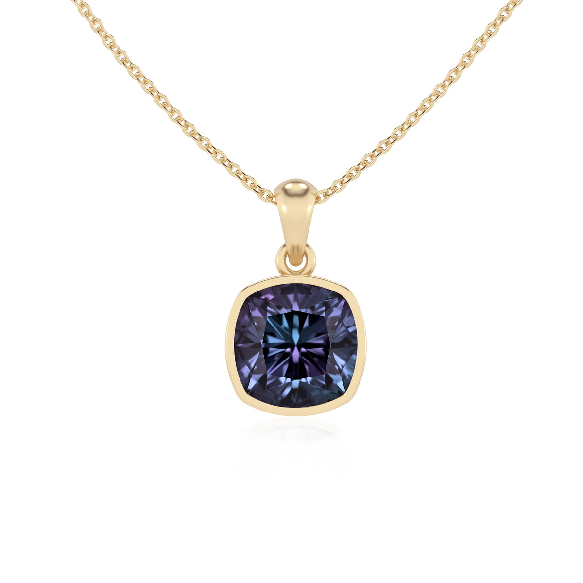 lab grown alexandrite cushion solitaire necklaces in yellow gold 