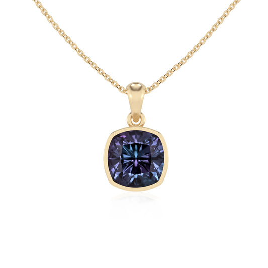 lab grown alexandrite cushion solitaire necklaces in yellow gold 