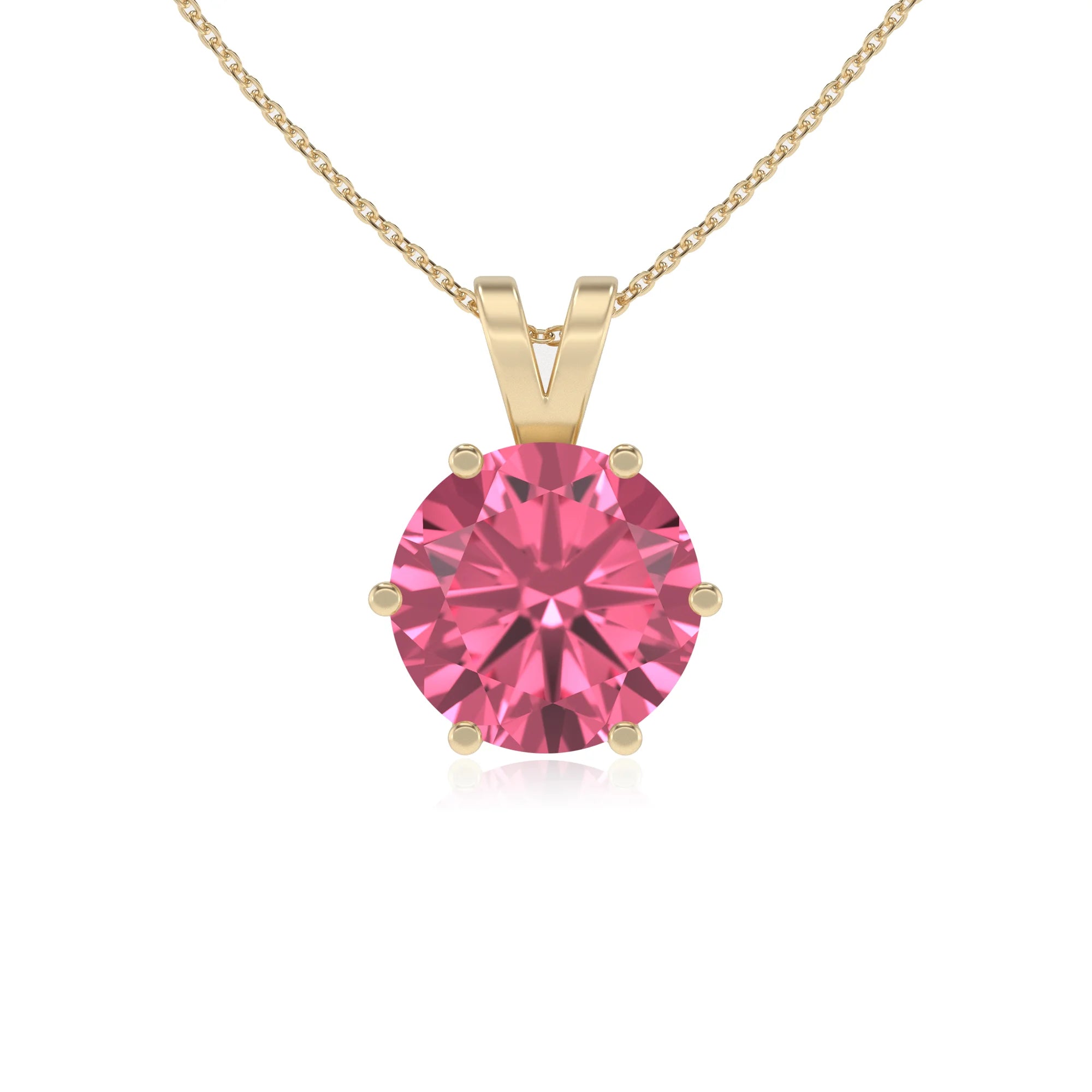 lab grown pink-tourmaline round solitaire v-bale necklaces in yellow gold 