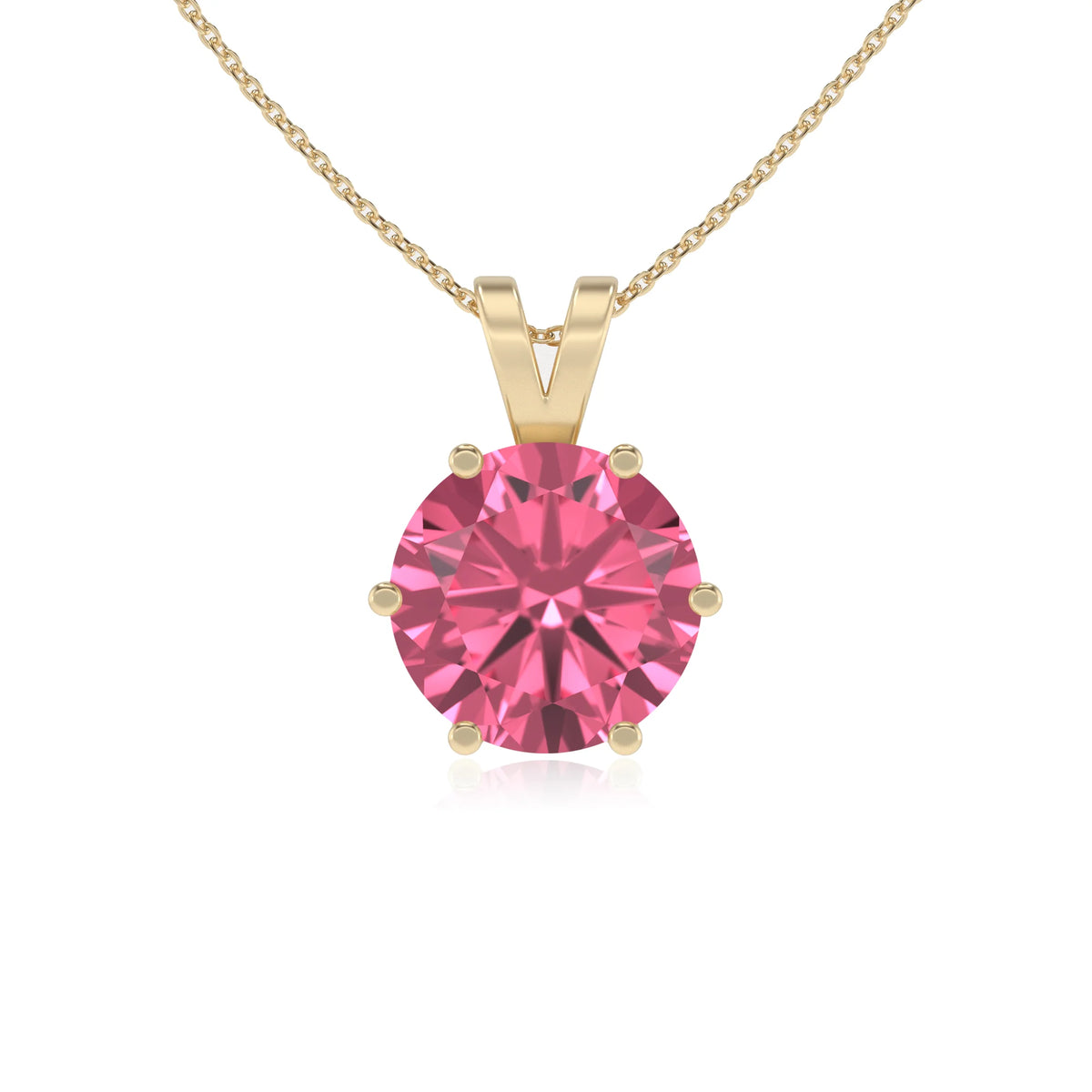lab grown pink-tourmaline round solitaire v-bale necklaces in yellow gold 