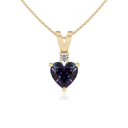 lab grown alexandrite heart solitaire v-bale necklaces in yellow gold 