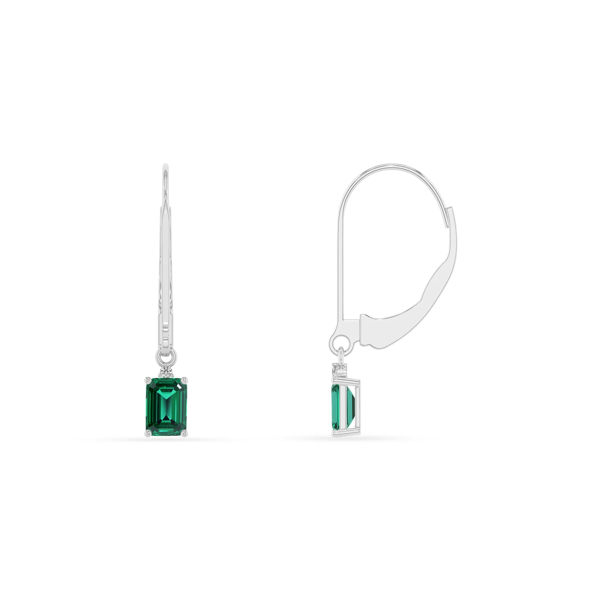 lab grown emerald octogon cut drop earrings in white gold 