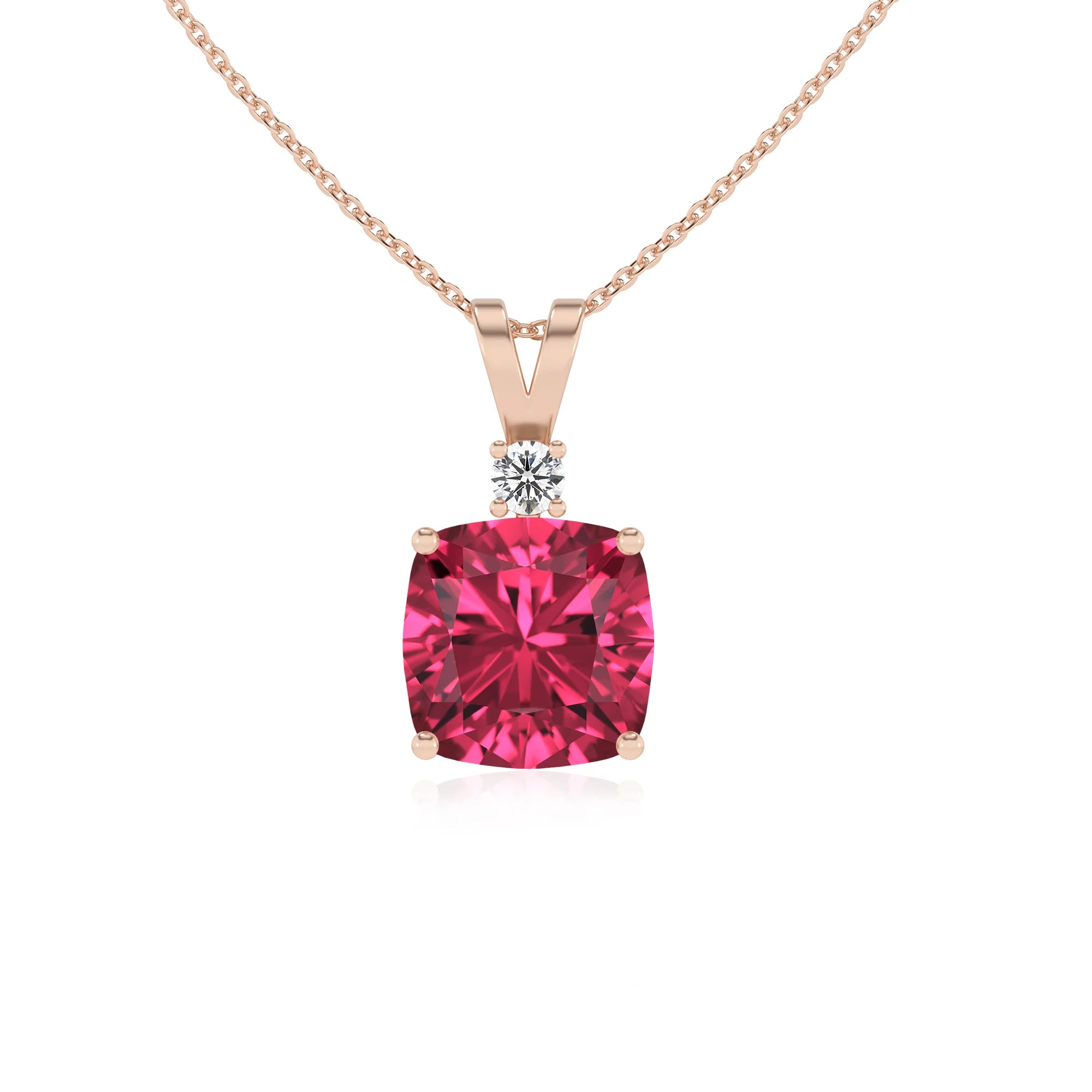 lab grown pink-tourmaline cushion solitaire v-bale necklaces in rose gold 