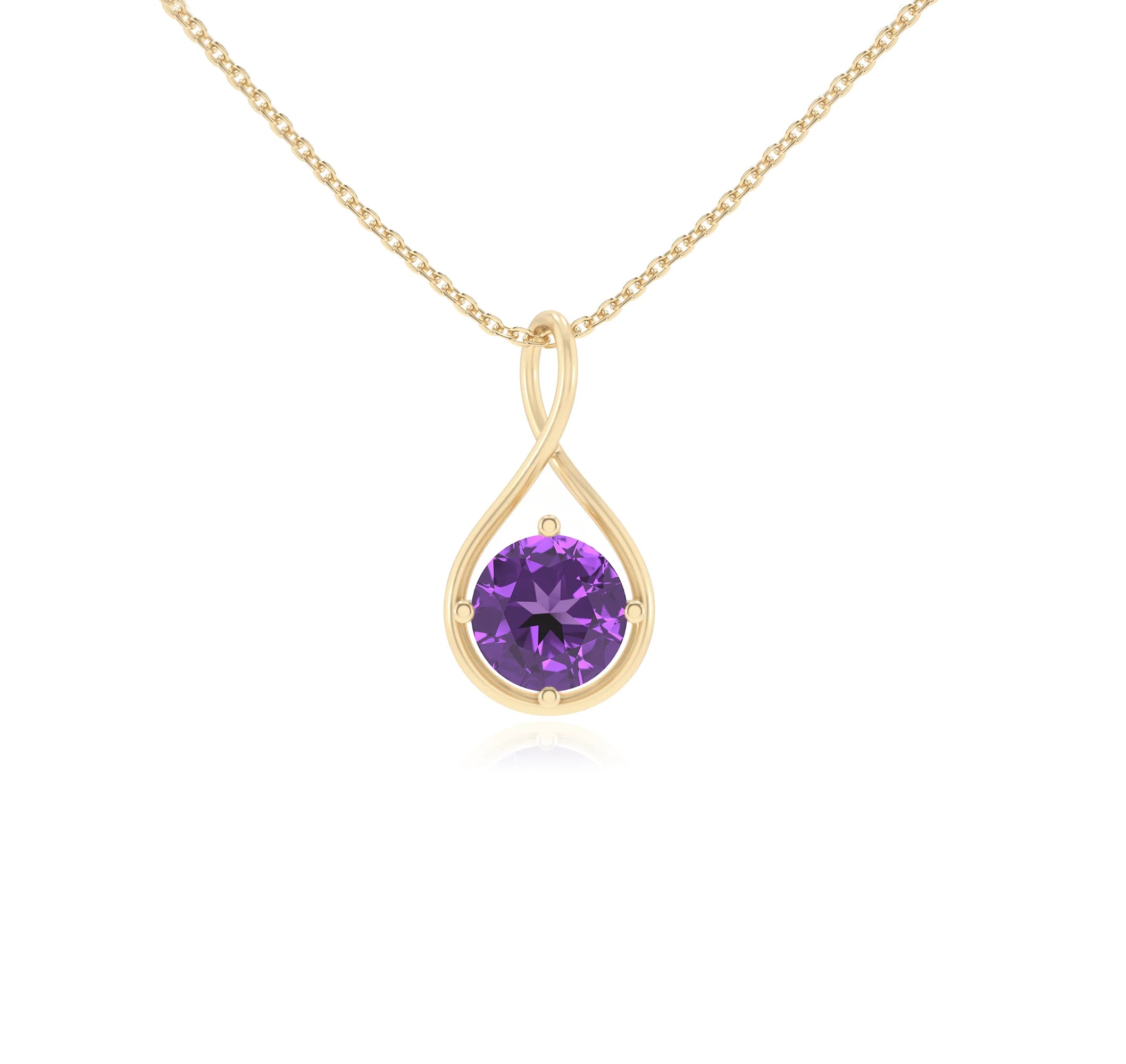 lab grown amethyst round solitaire necklaces in yellow gold 