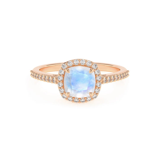 natural rainbow-moonstone cushion solitaire rings in rose gold 