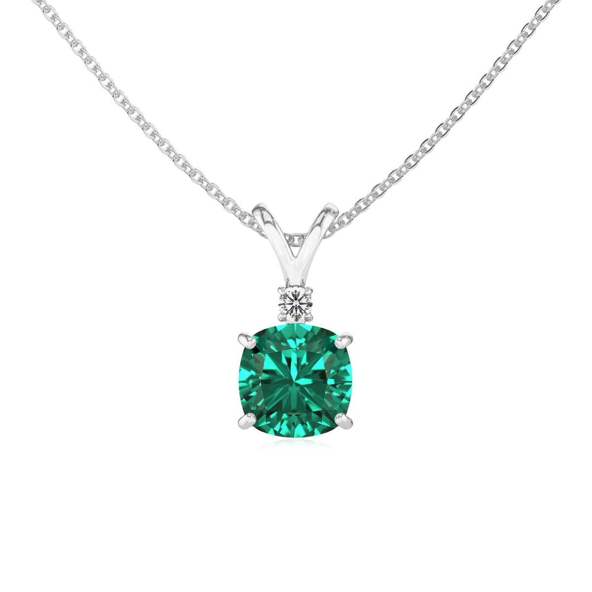 lab grown emerald cushion solitaire v-bale necklaces in platinum 