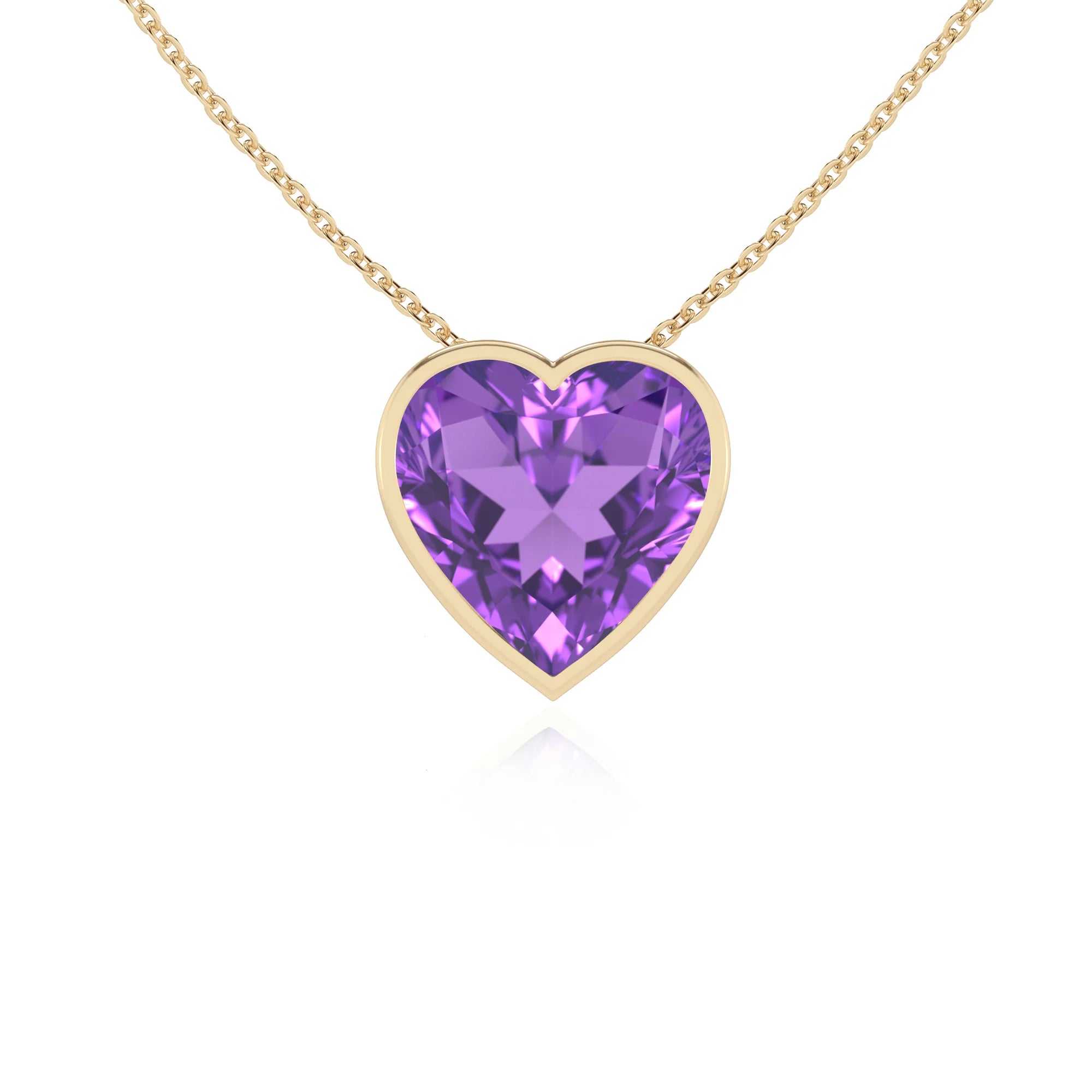 lab grown amethyst heart solitaire necklaces in yellow gold 