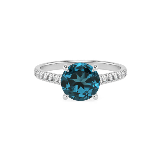 natural london-blue-topaz round half eternity solitaire engagement rings in sterling silver 